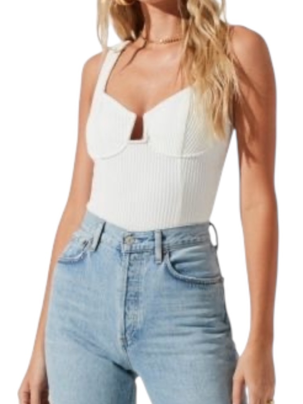 ASTR  The Label white Ribbed Sweetheart Bodysuit